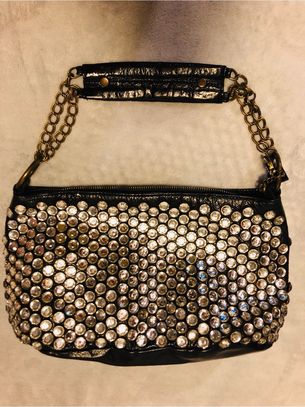 Betsey Johnson Black Shoulder Bag with Crystal Rhinestones and Gold Chain Handel
